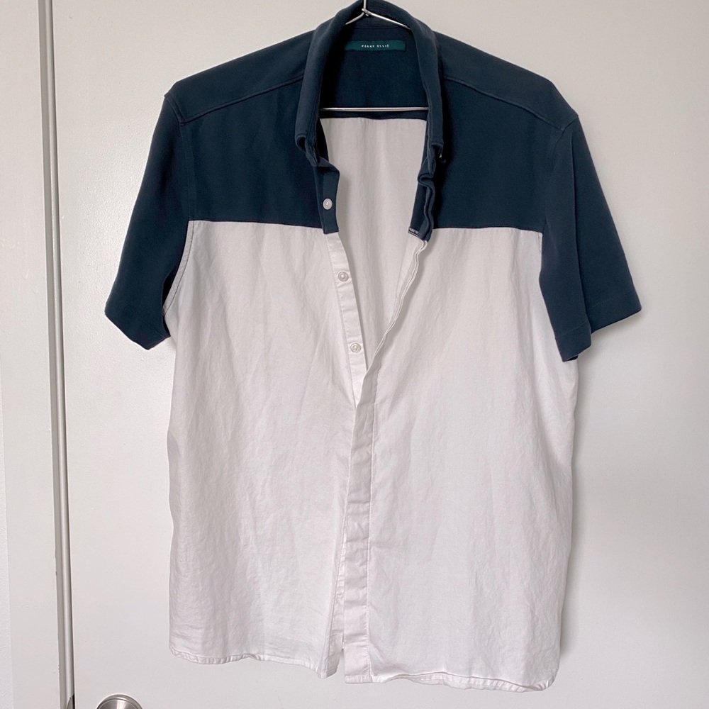 Perry Ellis Navy Blue / White Cotton Button Down Large - Like New